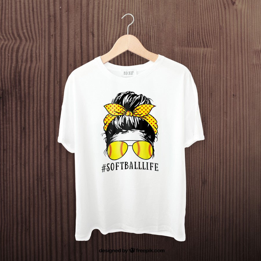 Mom Life Softball Baseball Mom Mothers Day Messy Bun Womens T-Shirt