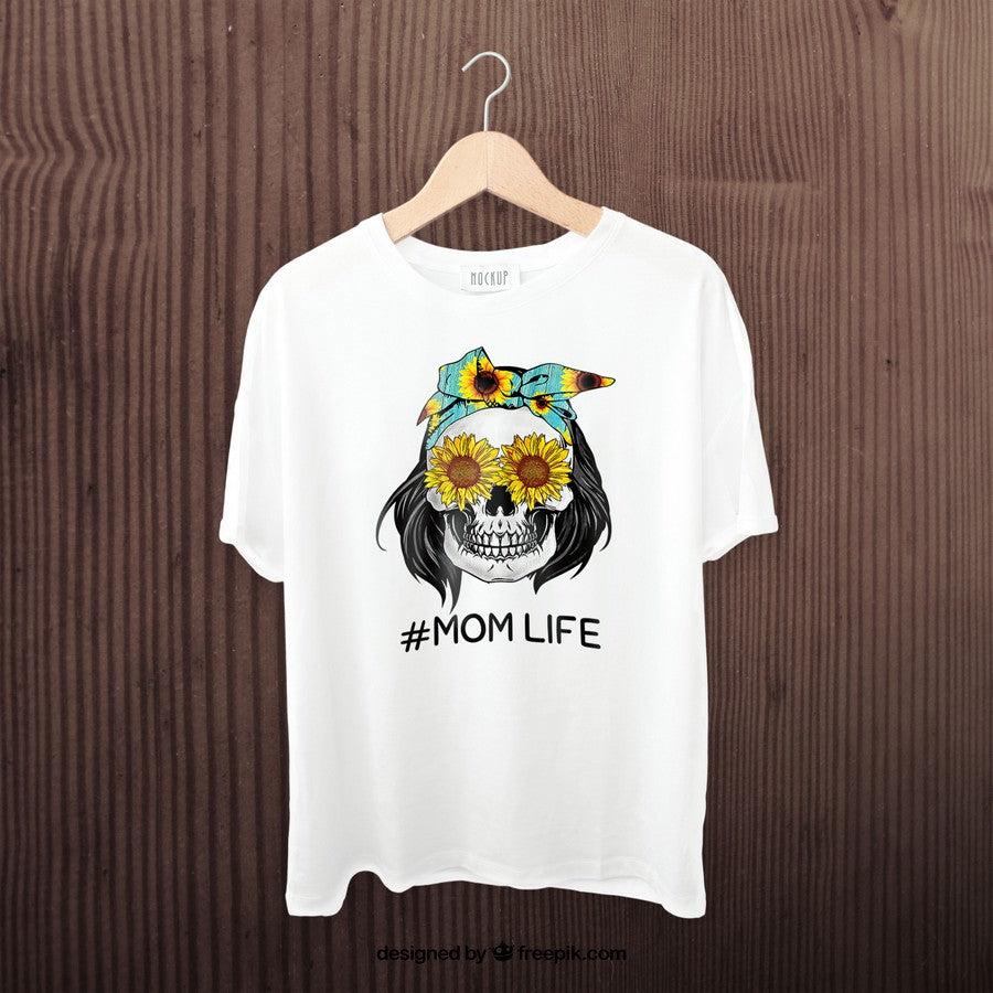 Womens Mom Life Woman Skull And Sunflowers Bandana T-Shirt