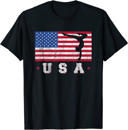 Patriotic Sports Gift American USA Flag Girls Gymnastics T-Shirt