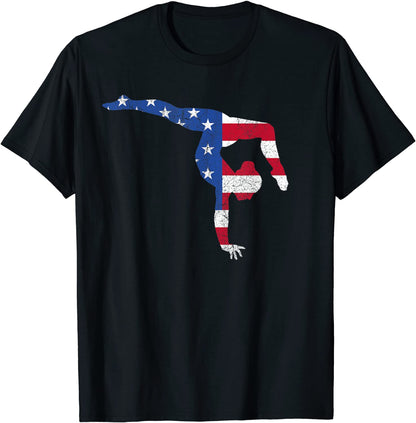 Patriotic Sports Gift American USA Flag Girls Gymnastics T-Shirt