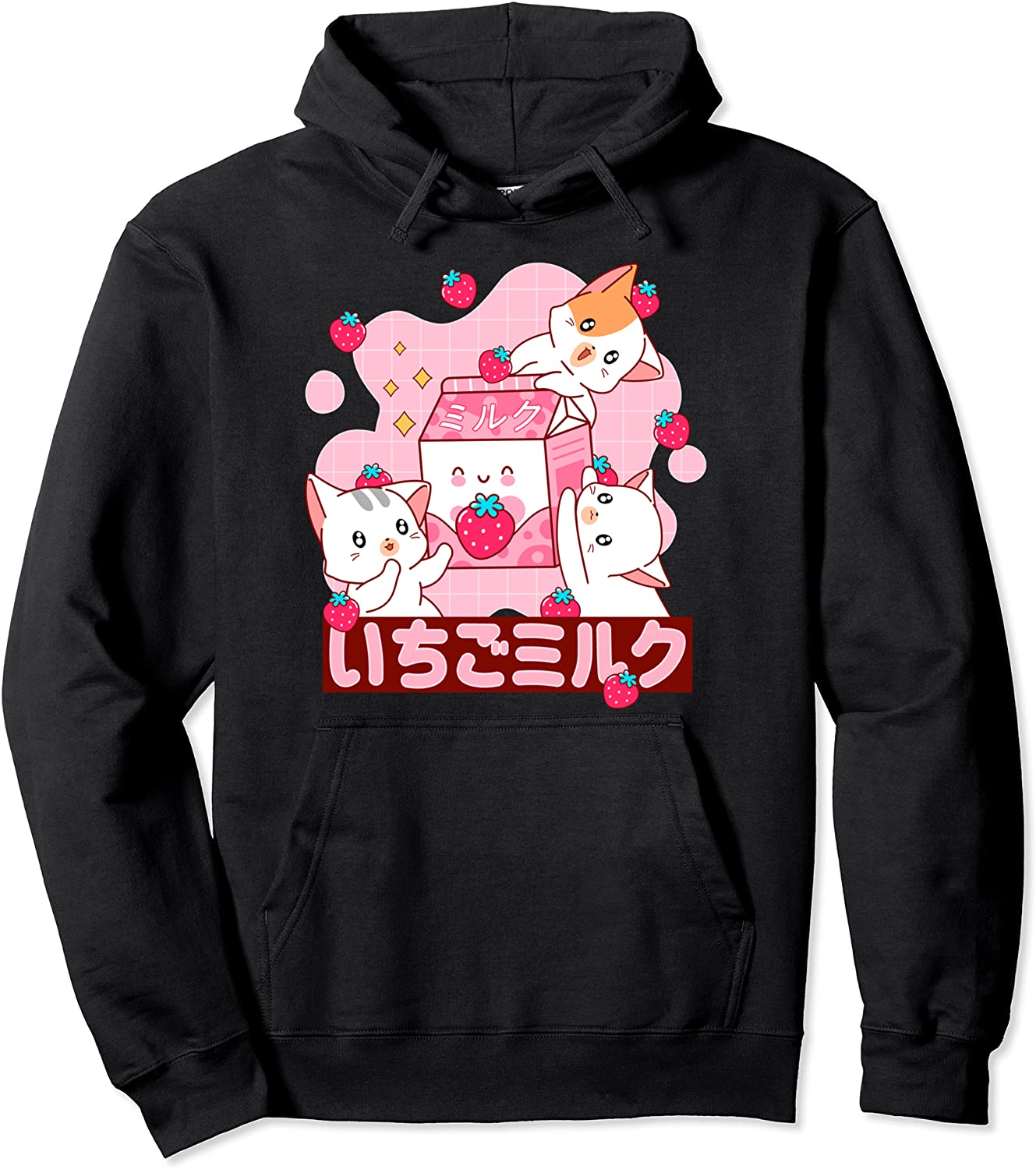 Pink Strawberry Milk Japanese Kawaii Cat Pullover Hoodie