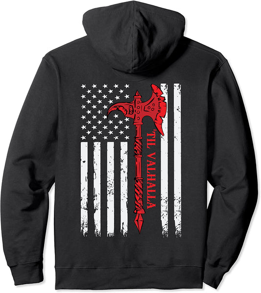 American Viking Axe Flag Til Valhalla Veteran USA Patriotic Pullover Hoodie