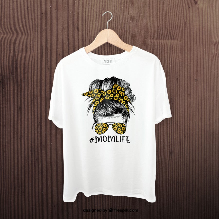Sunflowers Mom Life Messy Bun Hair Sunglasses Mothers Day T-Shirt