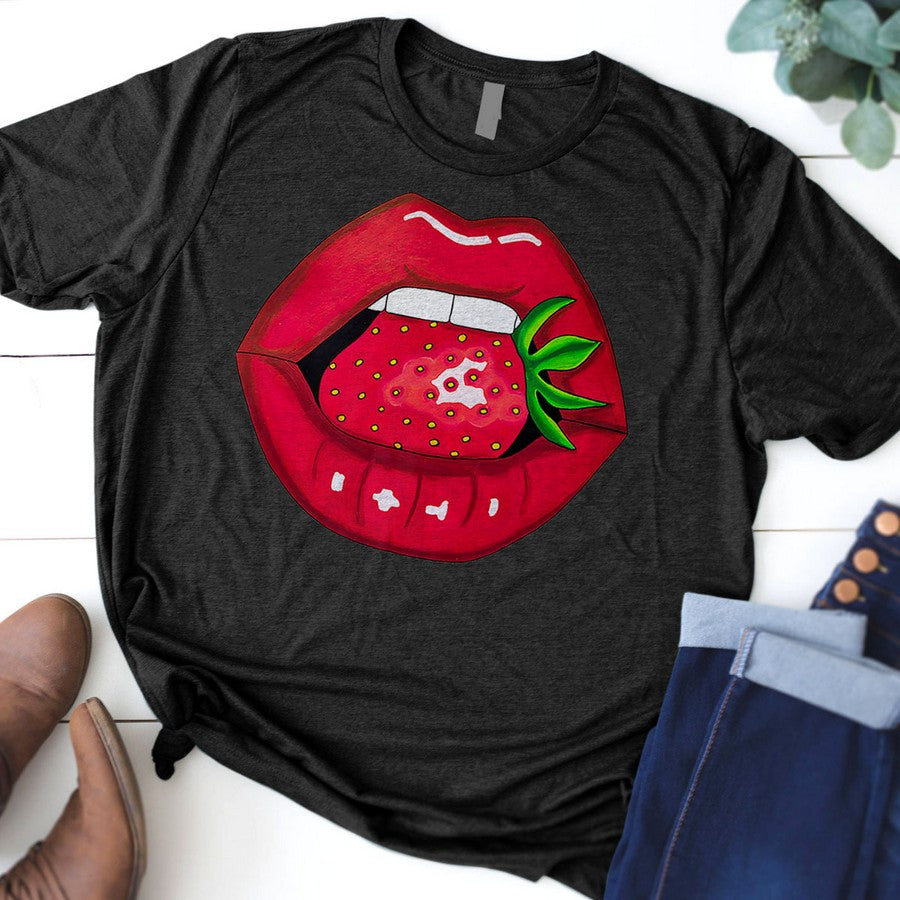 Sexy Strawberry Lips Red Lipstick Woman Strawberries Mouth Premium T-Shirt