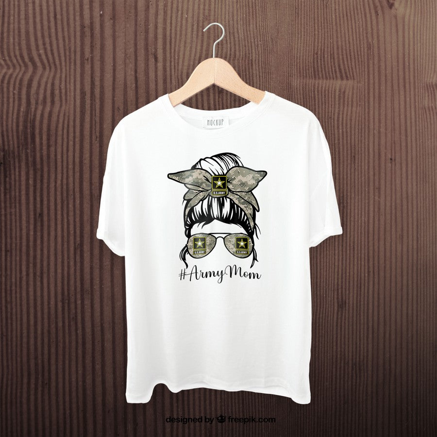 Funny Army Mom Messy Bun Hair Glasses T-Shirt