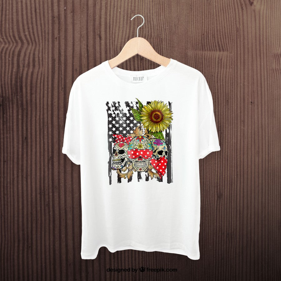 Sugar Skull American Flag Sunflower Floral Flowers T-Shirt