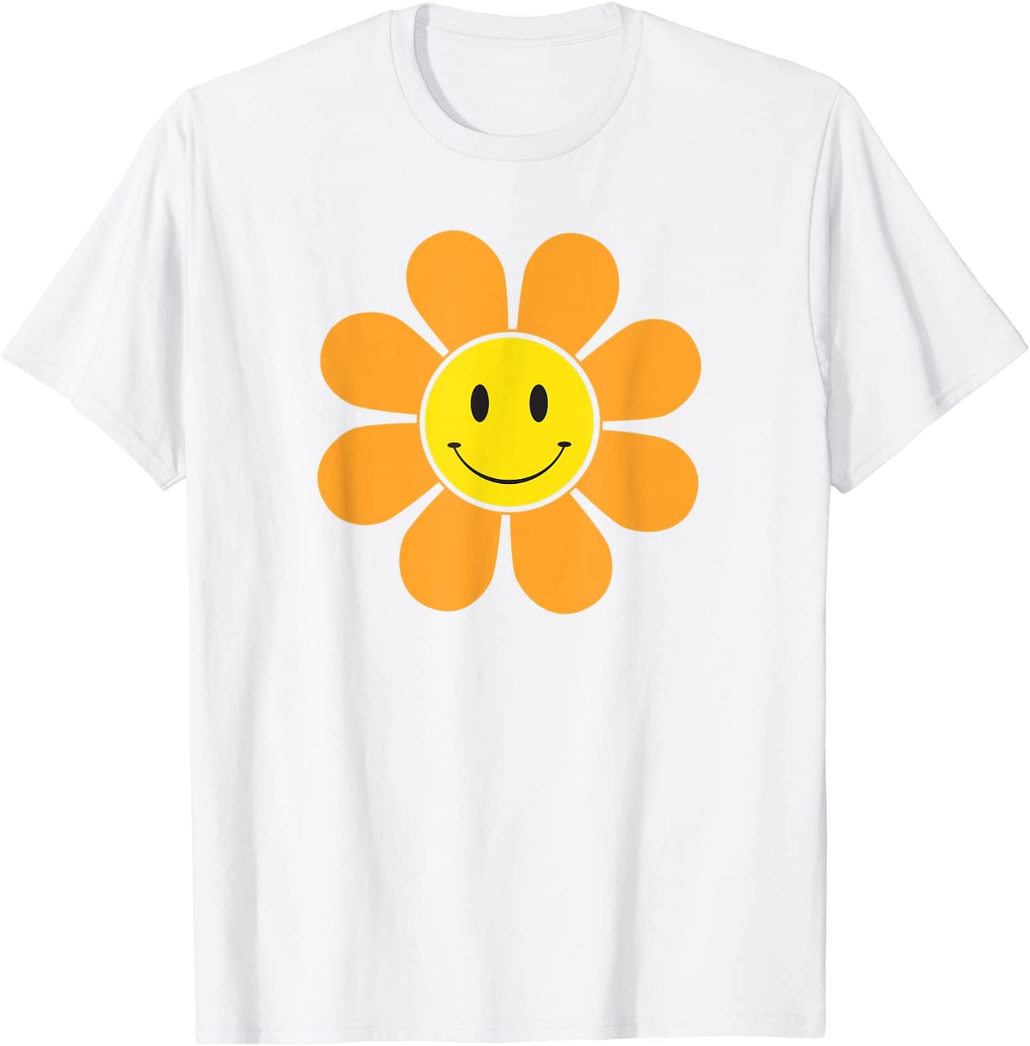 Orange 70s Retro Funky Flower with a Yellow Smiley Face T-Shirt