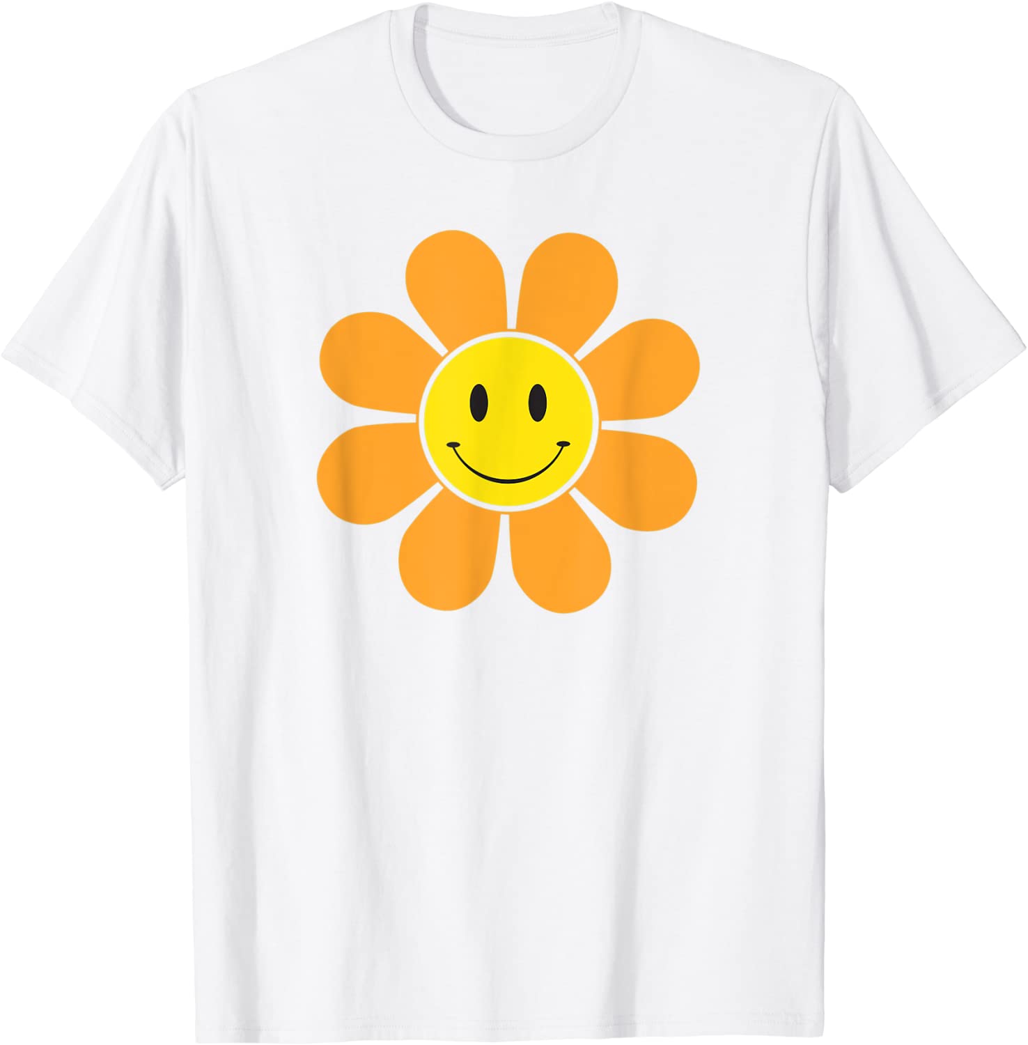 Orange 70s Retro Funky Flower with a Yellow Smiley Face T-Shirt