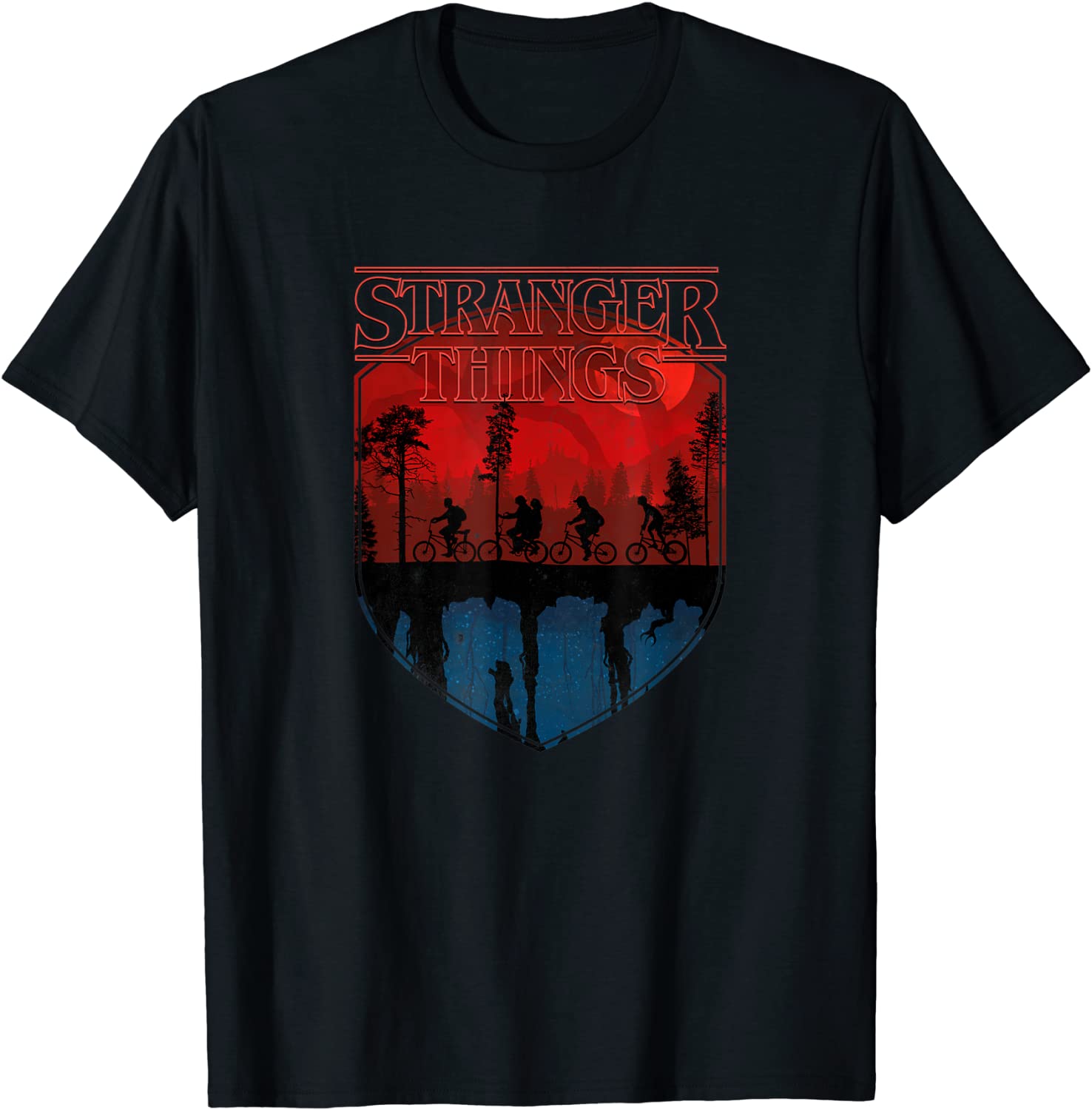 Stranger Things Group Shot Mindflayer Trail Silhouettes T-Shirt