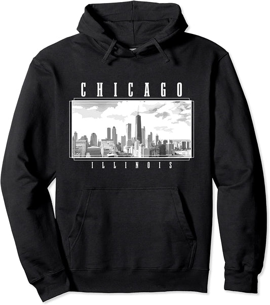 Chicago Illinois Skyline Pride Black White Vintage Chicago Pullover Hoodie