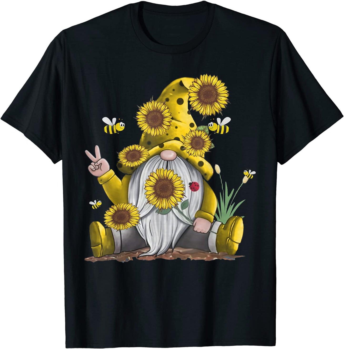 Sunflower Gnome With Bee Funny Hippie Gnome Gift T-Shirt