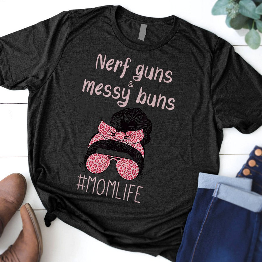Nerf Guns And Messy Buns Funny Momlife Shirt Leopard Print T-Shirt