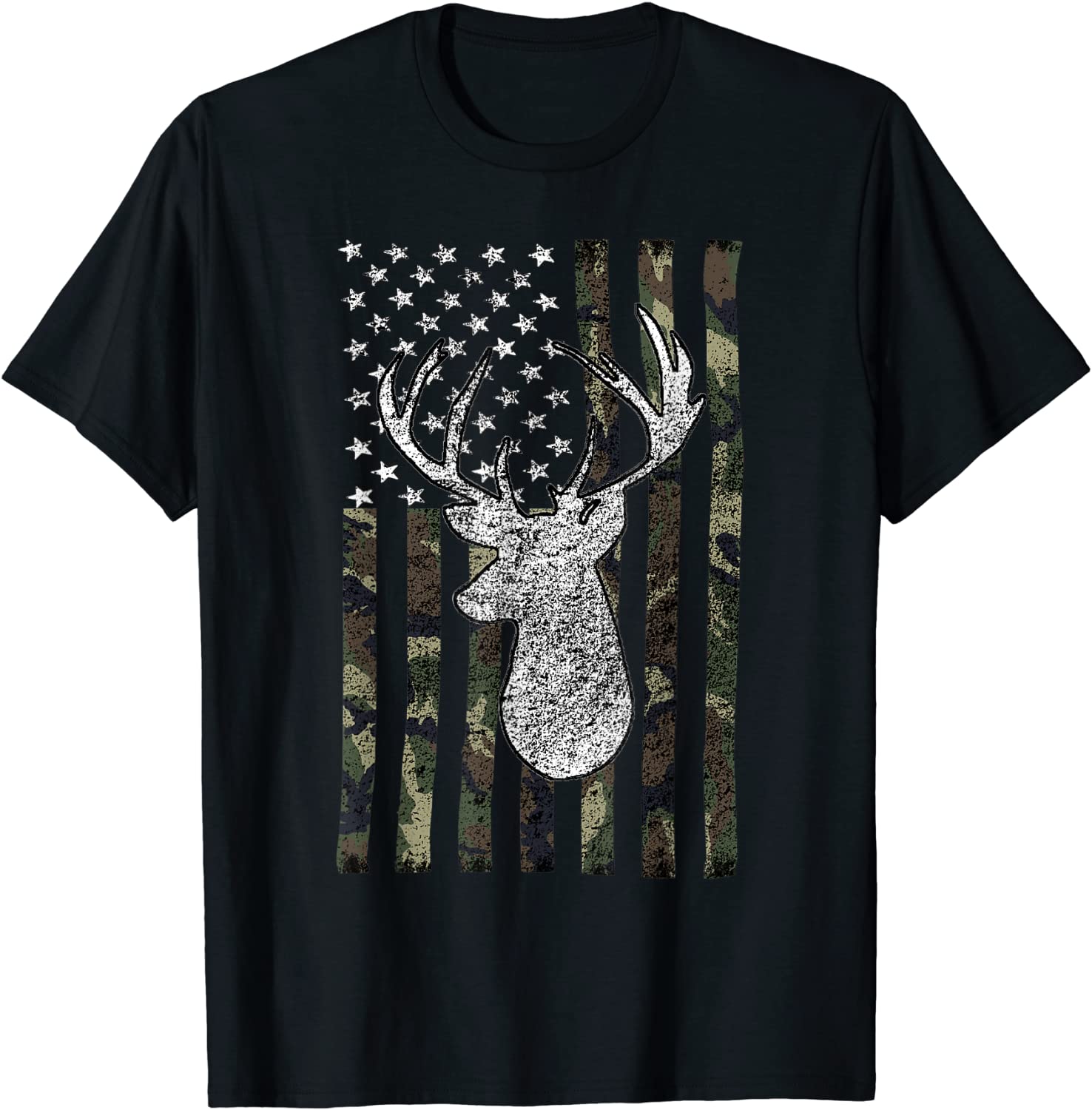 Whitetail Buck Deer Hunting American Camouflage USA Flag T-Shirt