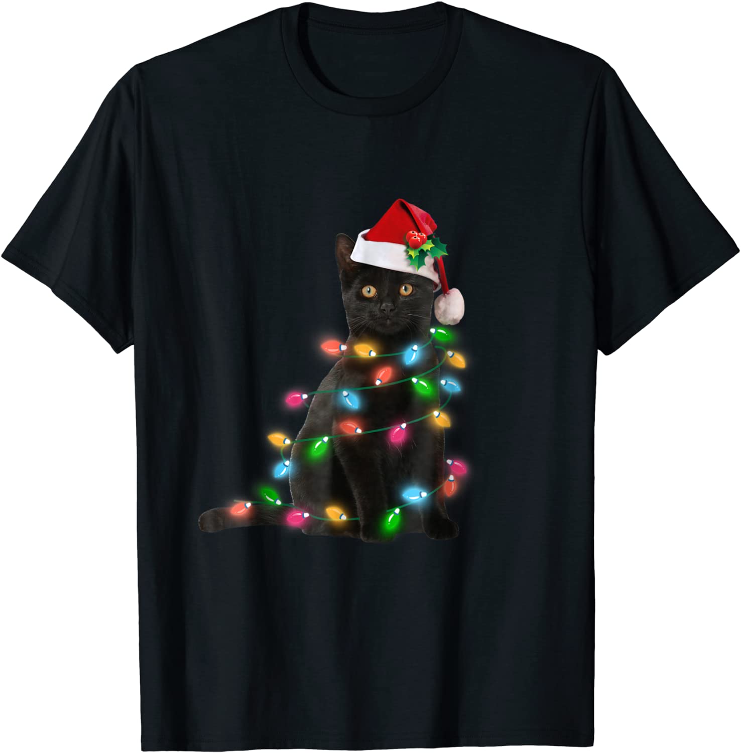 Black Cat christmas light tshirt funny cat lover christmas