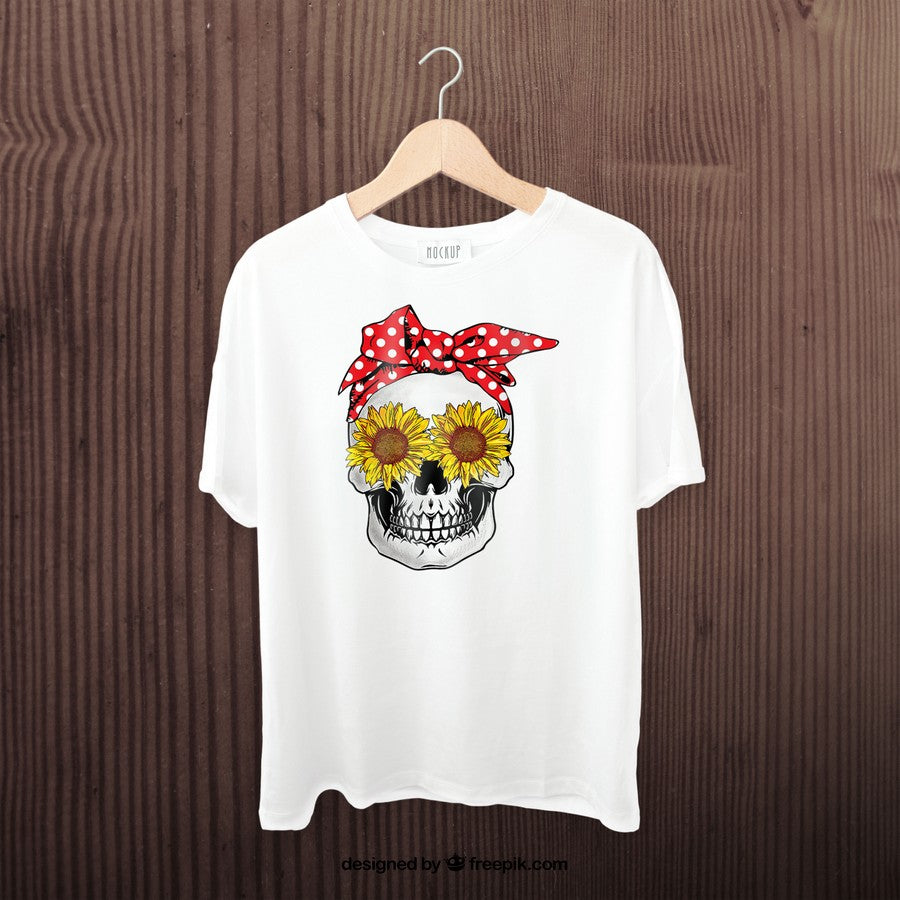 Womens Sunflower Skull Polka Dot Bandana V-Neck T-Shirt