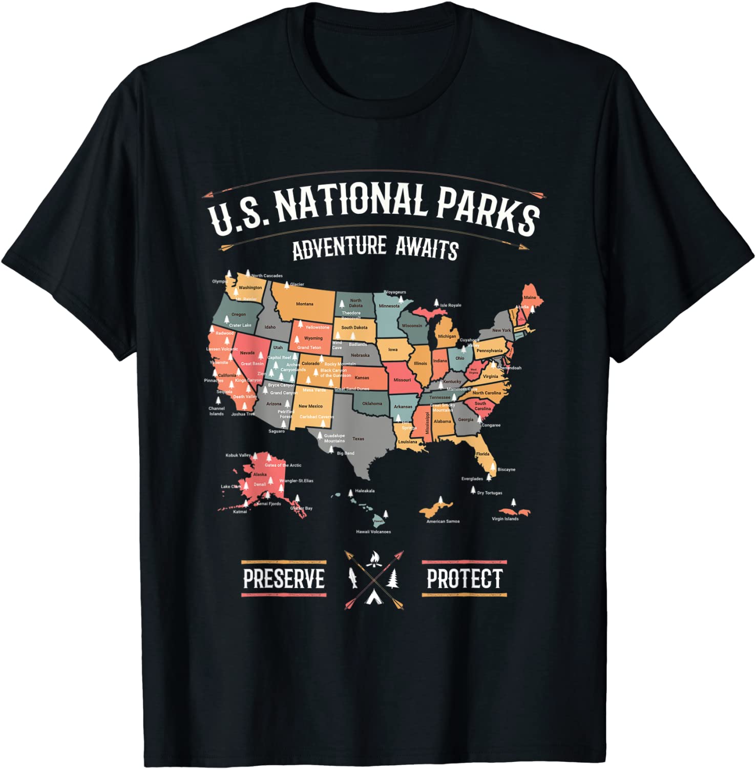 US National Parks Map Preserve Protect Hiking Camping Gift T-Shirt