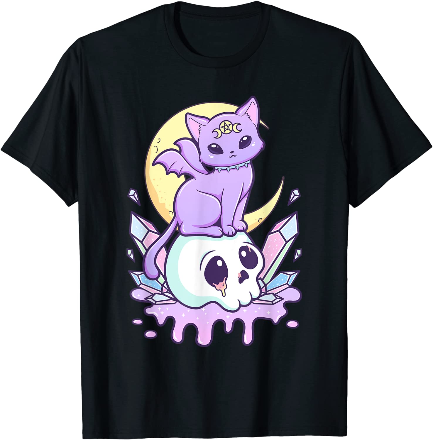 Kawaii Pastel Goth Cute Creepy Witchy Cat and Skull T-Shirt