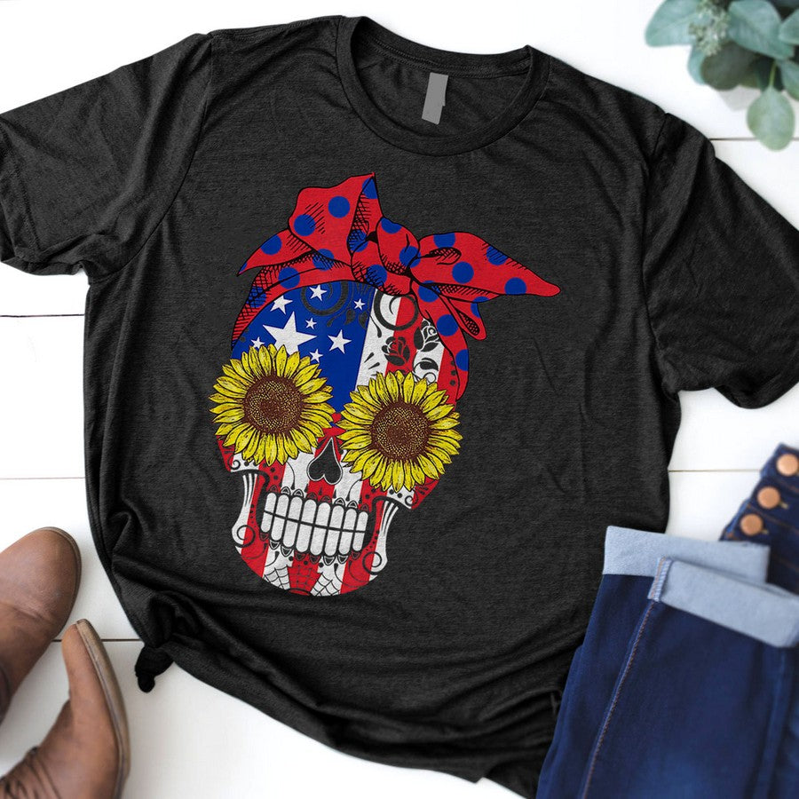 Sugar Skull American Flag Sunflower Floral Flowers Cute Gift T-Shirt