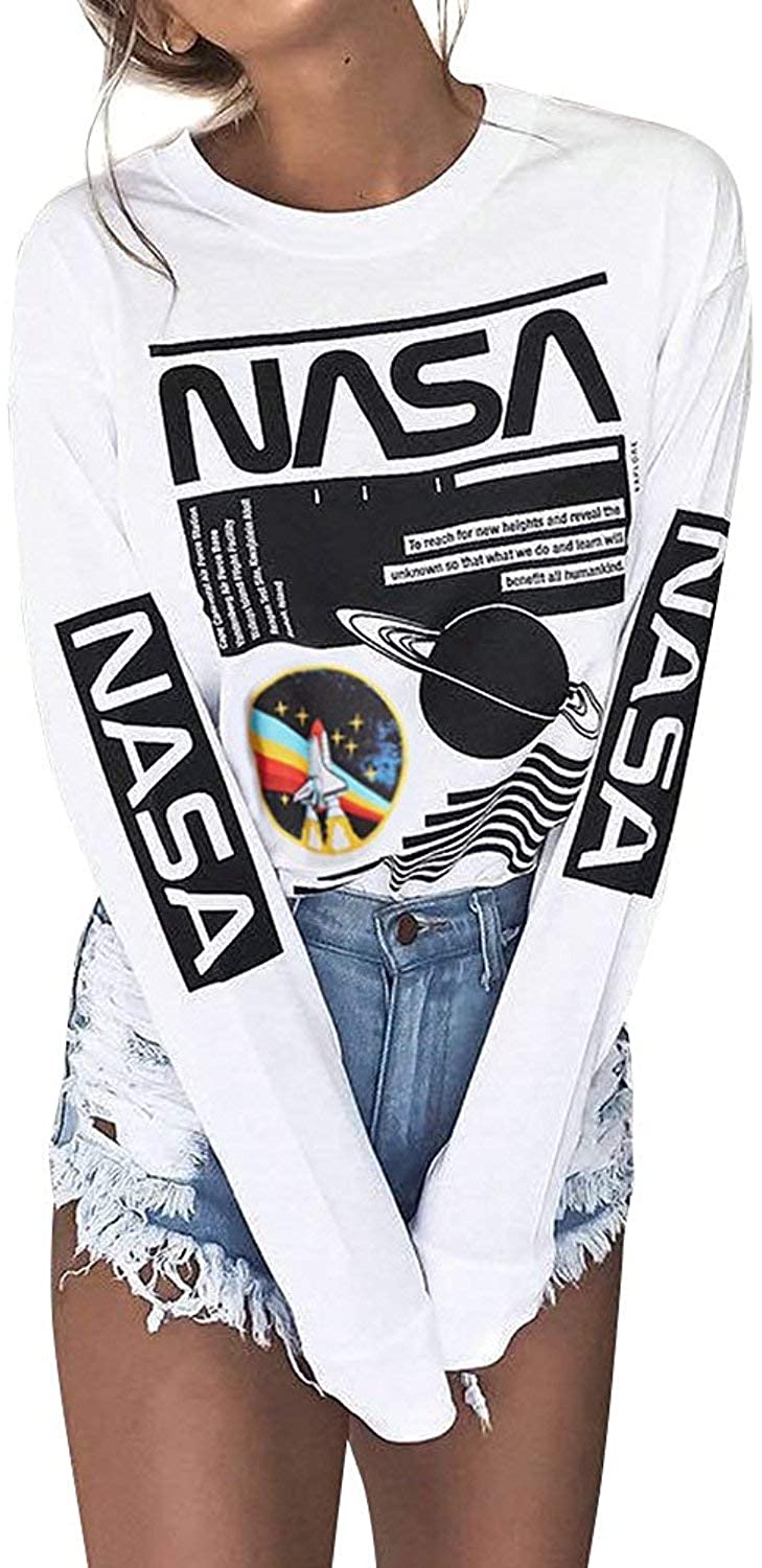 QYZ-Top Women Long Sleeve Crew Neck White NASA Letter Print Shirt Tops Blouse Sweatshirt
