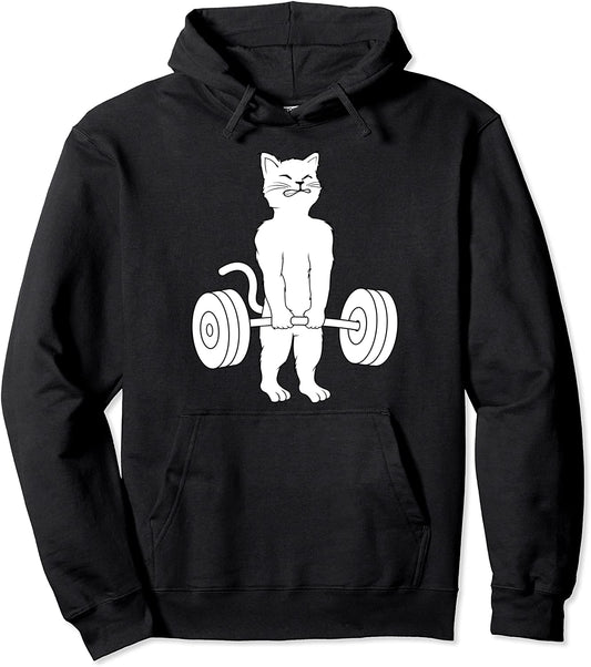 Cat Deadlift Hoodie - Powerlifting Kitty Sweater Muscle Cat Pullover Hoodie
