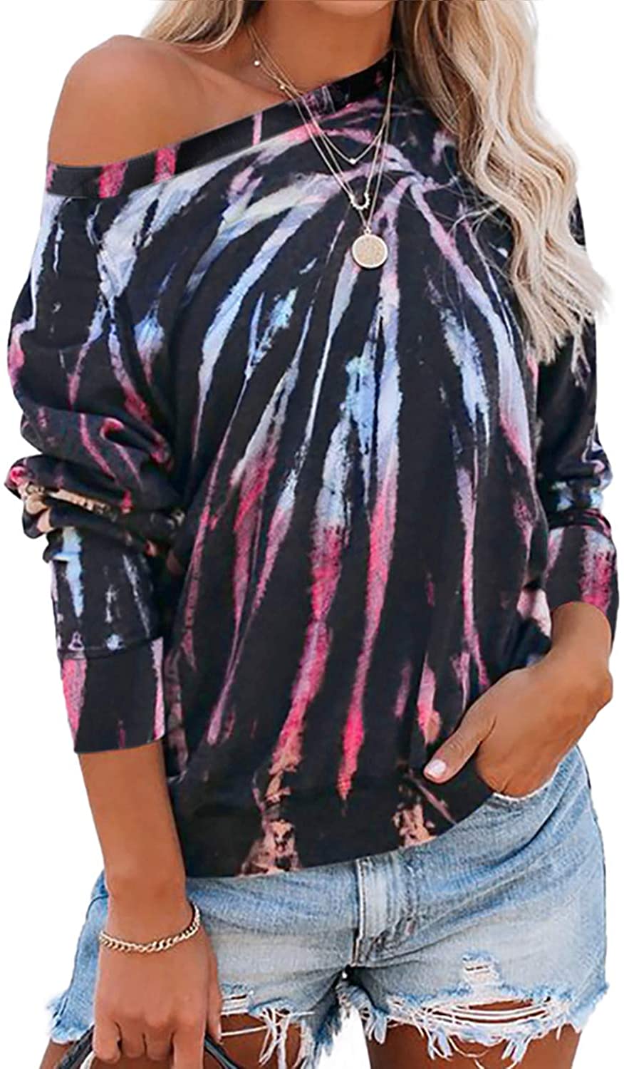 Eytino Women Tie Dye Printed Off Shoulder Tops Casual Loose Long Sleeve Pullower Sweatshirt Tops