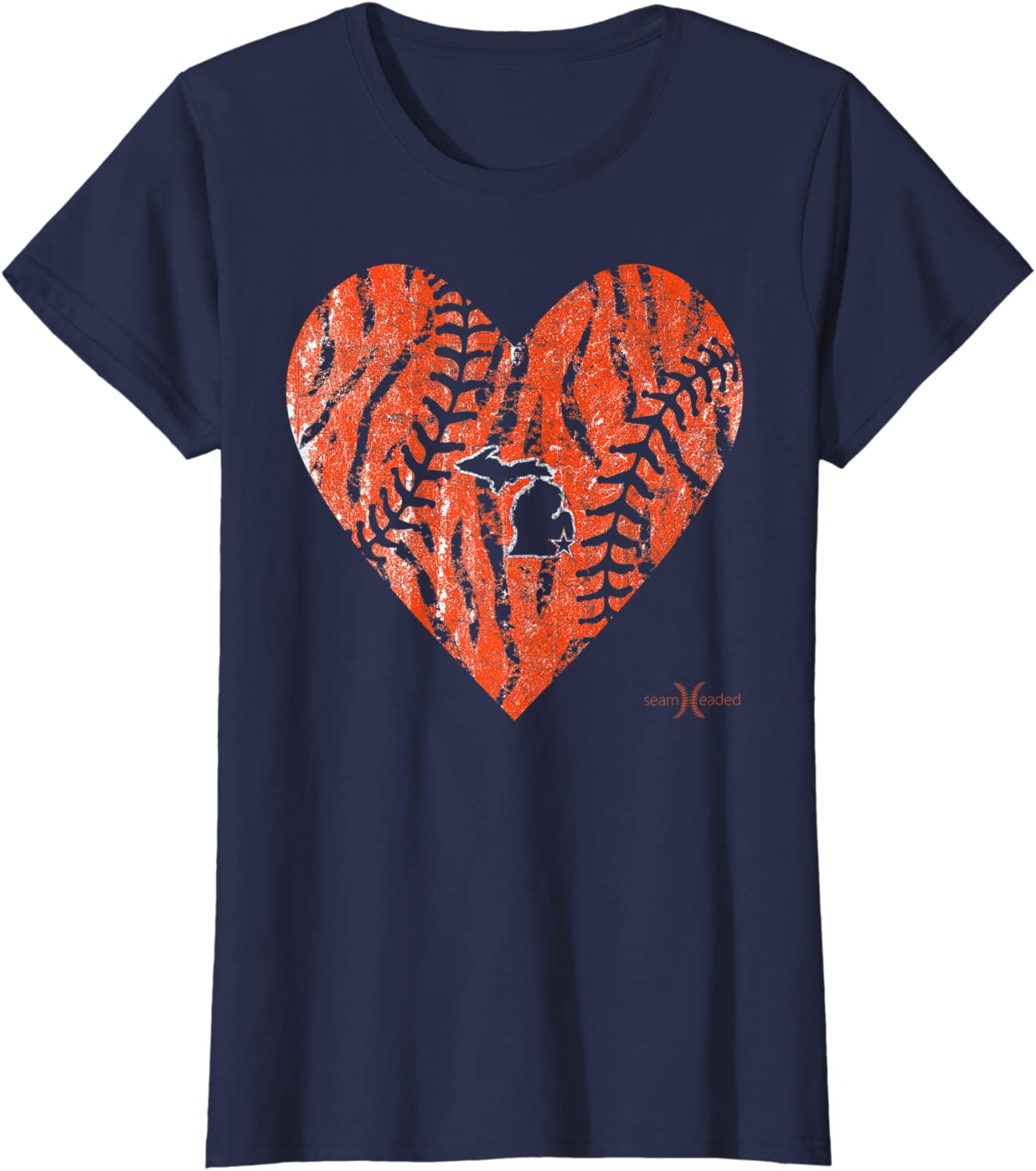 Vintage Detroit Baseball Heart with Tiger Stripes T-Shirt