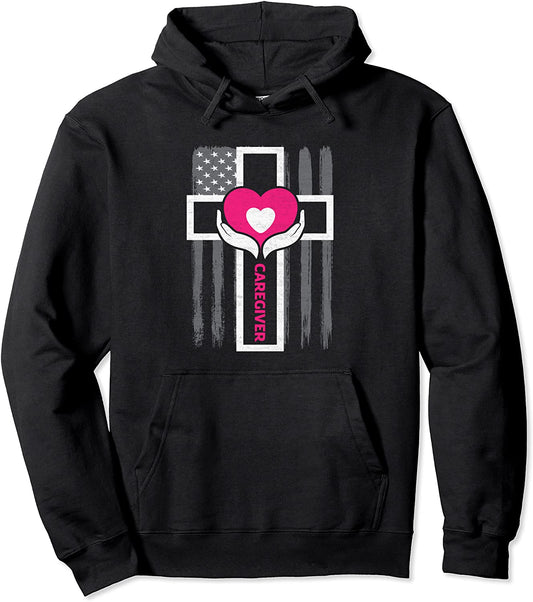 Christian Caregiver Jesus Christ USA Flag Funny Caregiver Pullover Hoodie