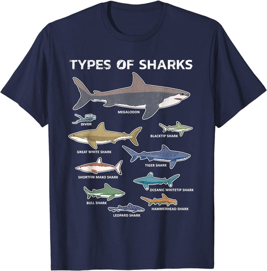 9 Types Of Sharks T-Shirt Educational Colorful Ocean Tee