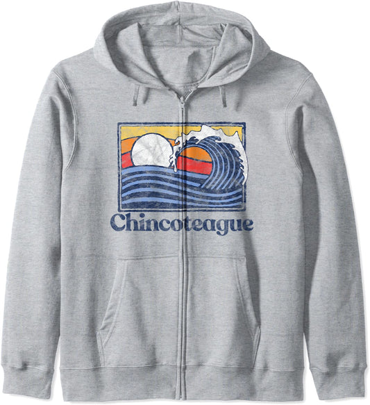 Chincoteague Retro Surfer Vintage Beach Wave Graphic Hoodie