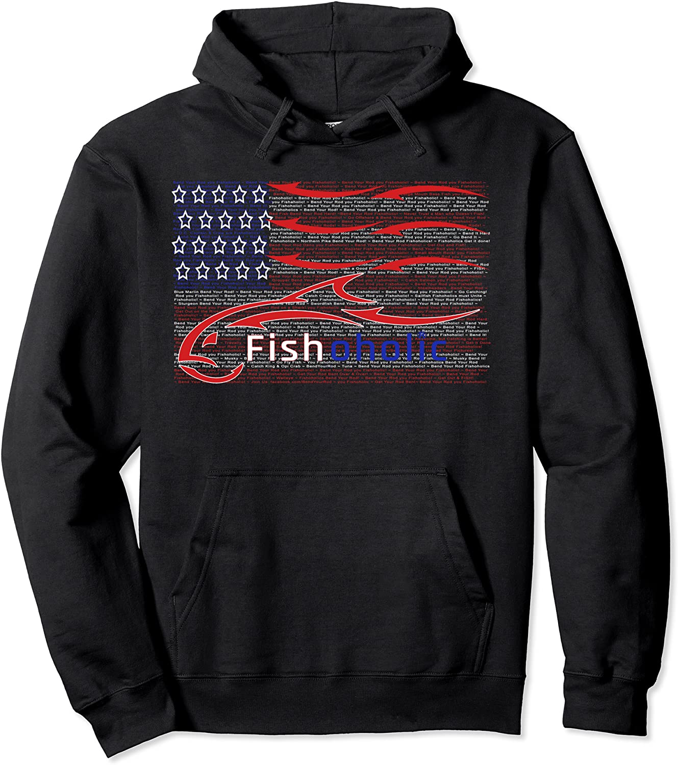 USA Flag Patriotic Fish Logo with Hidden Fishing Words Pullover Hoodie