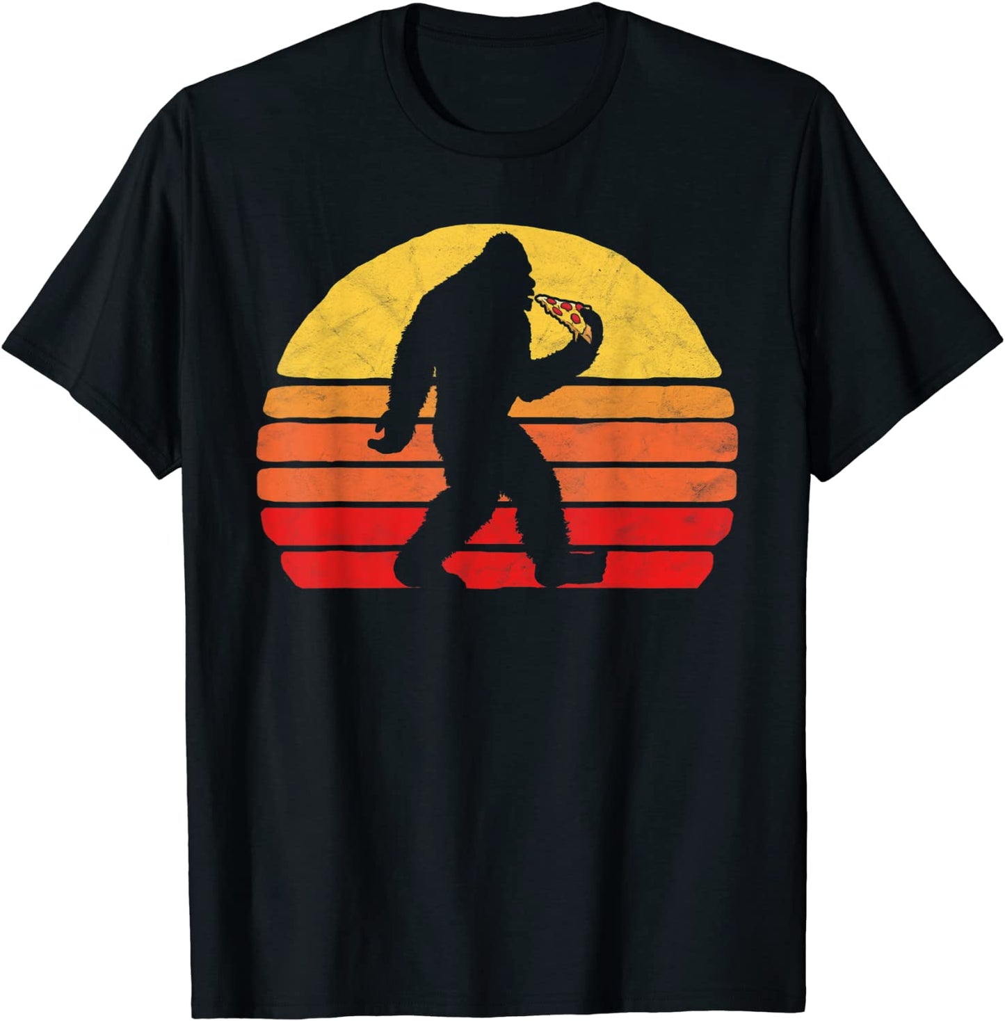 Sasquatch and Pizza Funny Eating Bigfoot 80s Sun Graphic T-Shirt