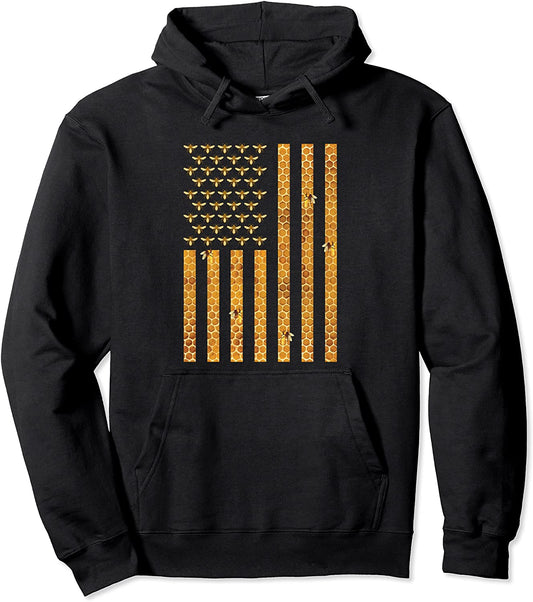 American Flag Honeycomb Honey Bees Beekeeping Beekeeper Gift Pullover Hoodie