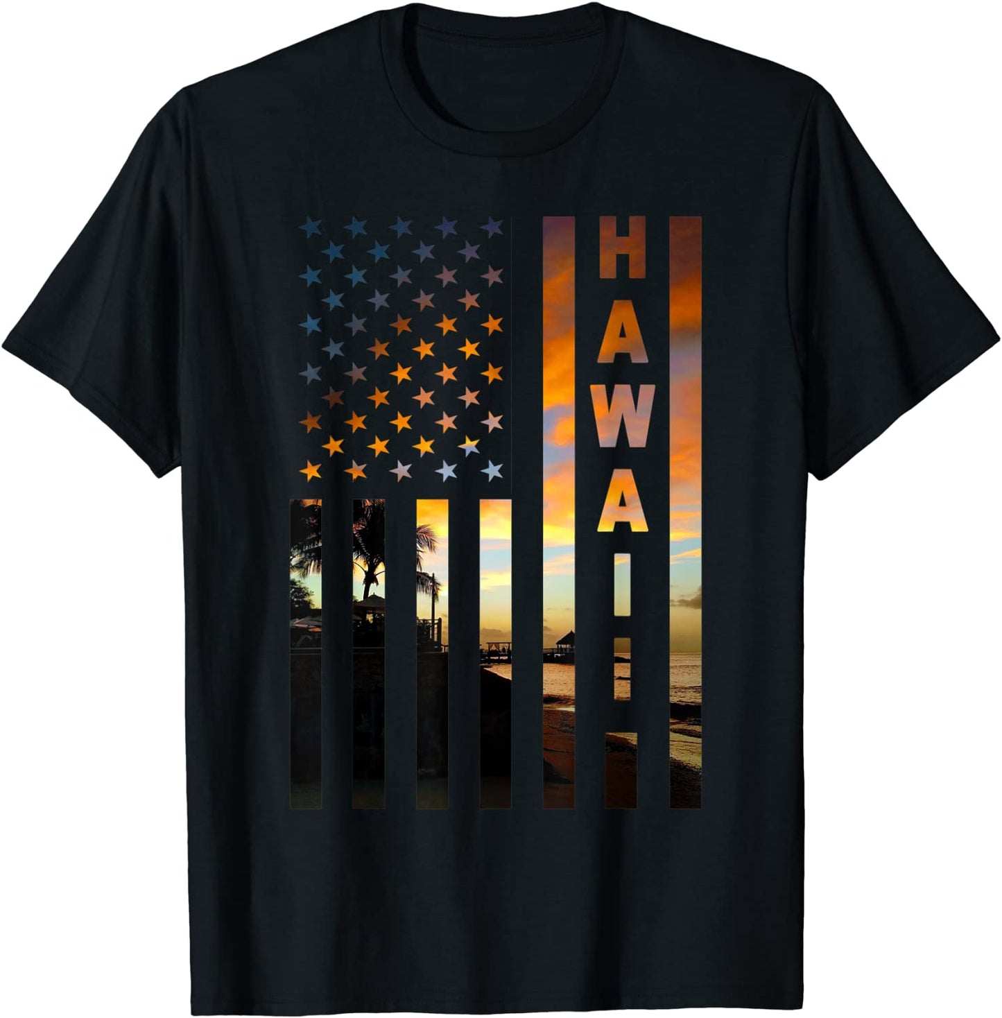 Hawaii Sunset American Flag Honolulu Hawaiian Island T-Shirt