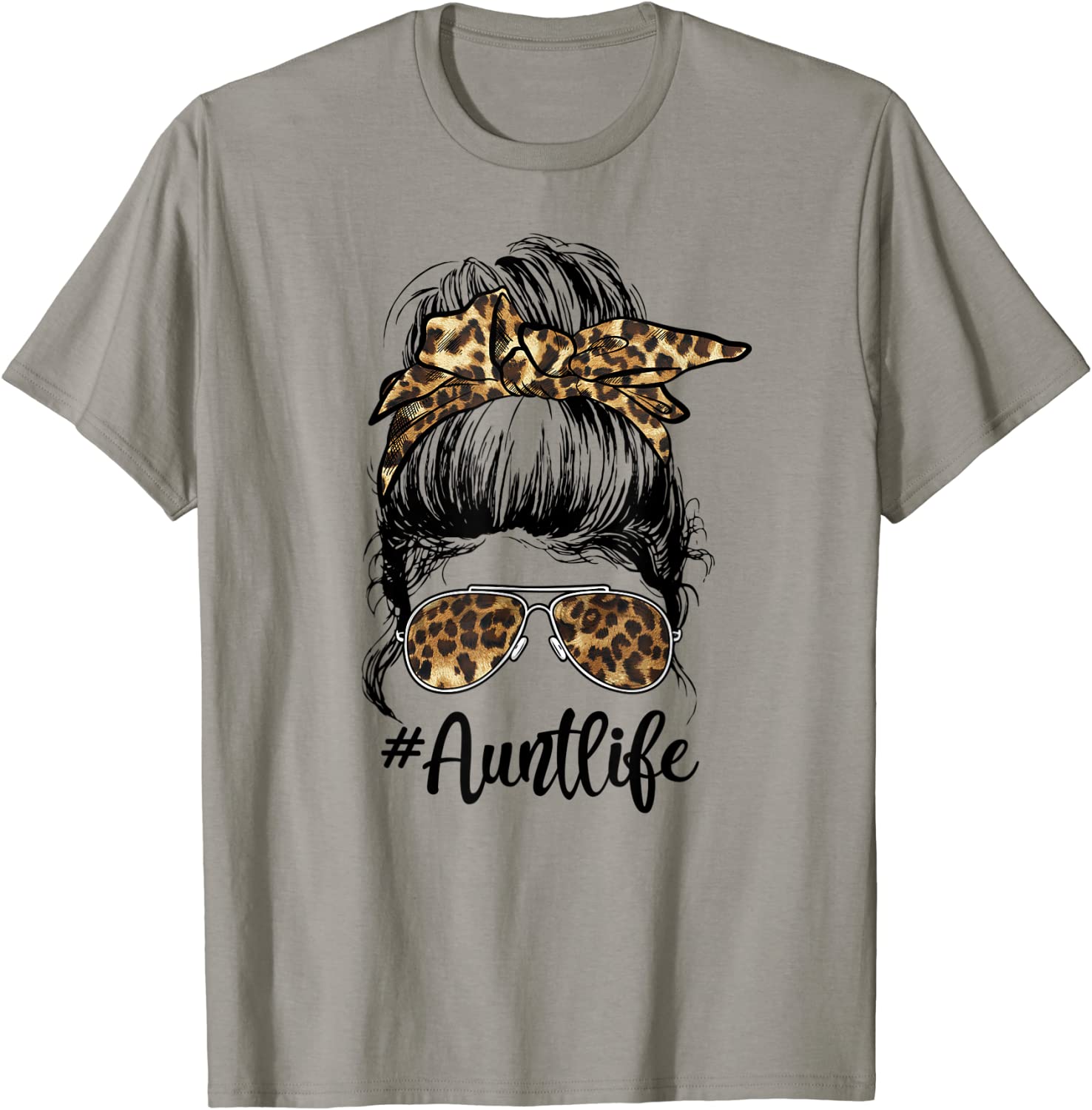 Leopard Auties Aunt Life Cute Messy Bun Girl Mothers Day T-Shirt