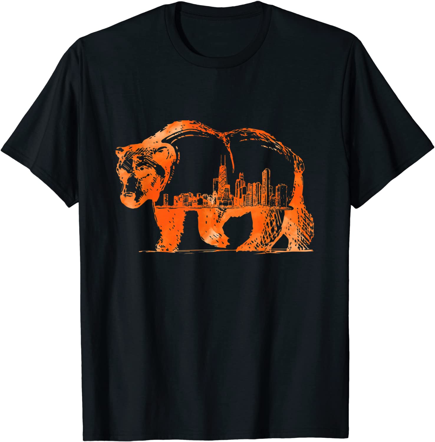 Downtown Chicago City Skyline Walking Bear Silhouette Gift T-Shirt