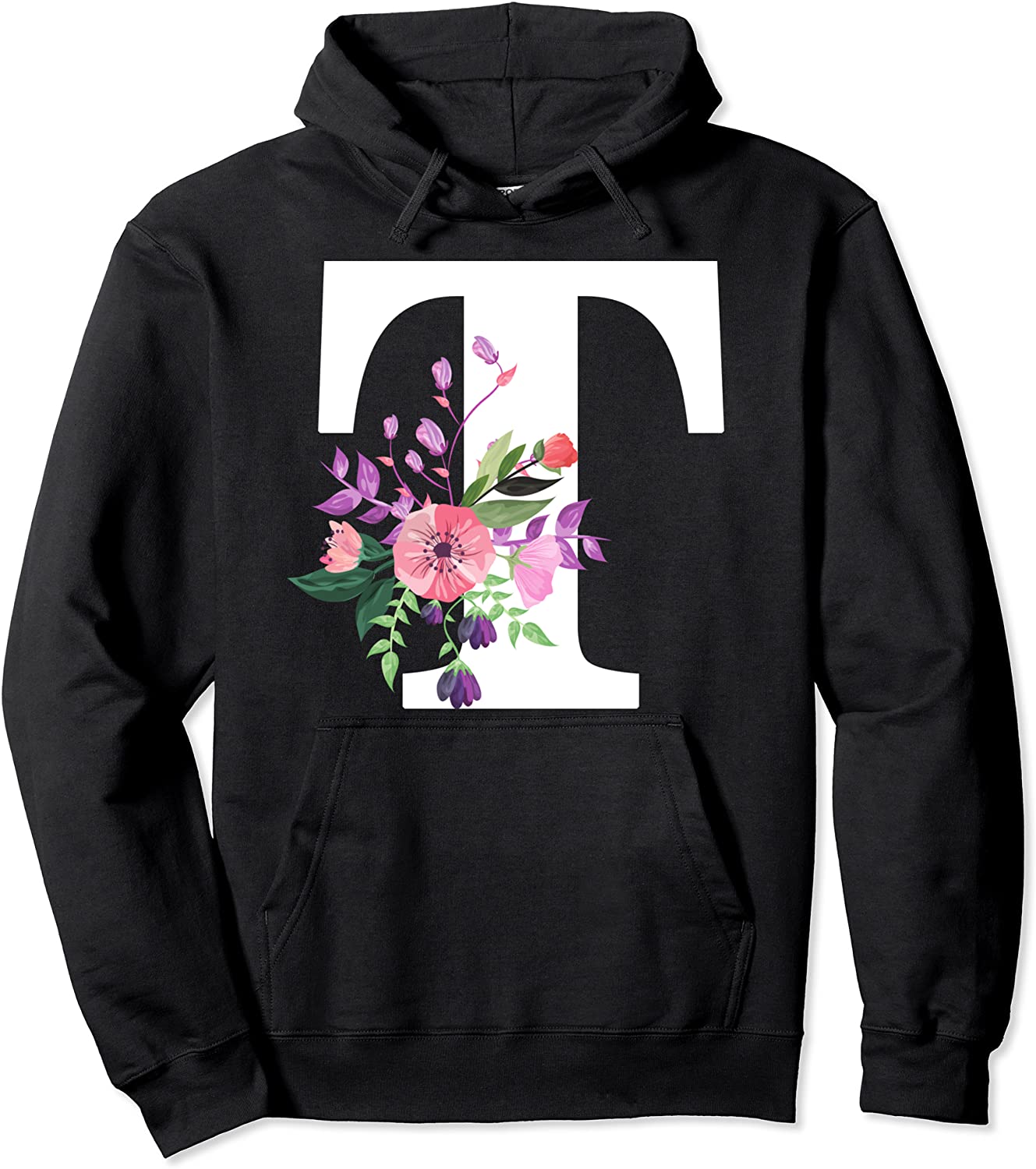 floral monogram name white initial letter T pink red flowers Pullover Hoodie