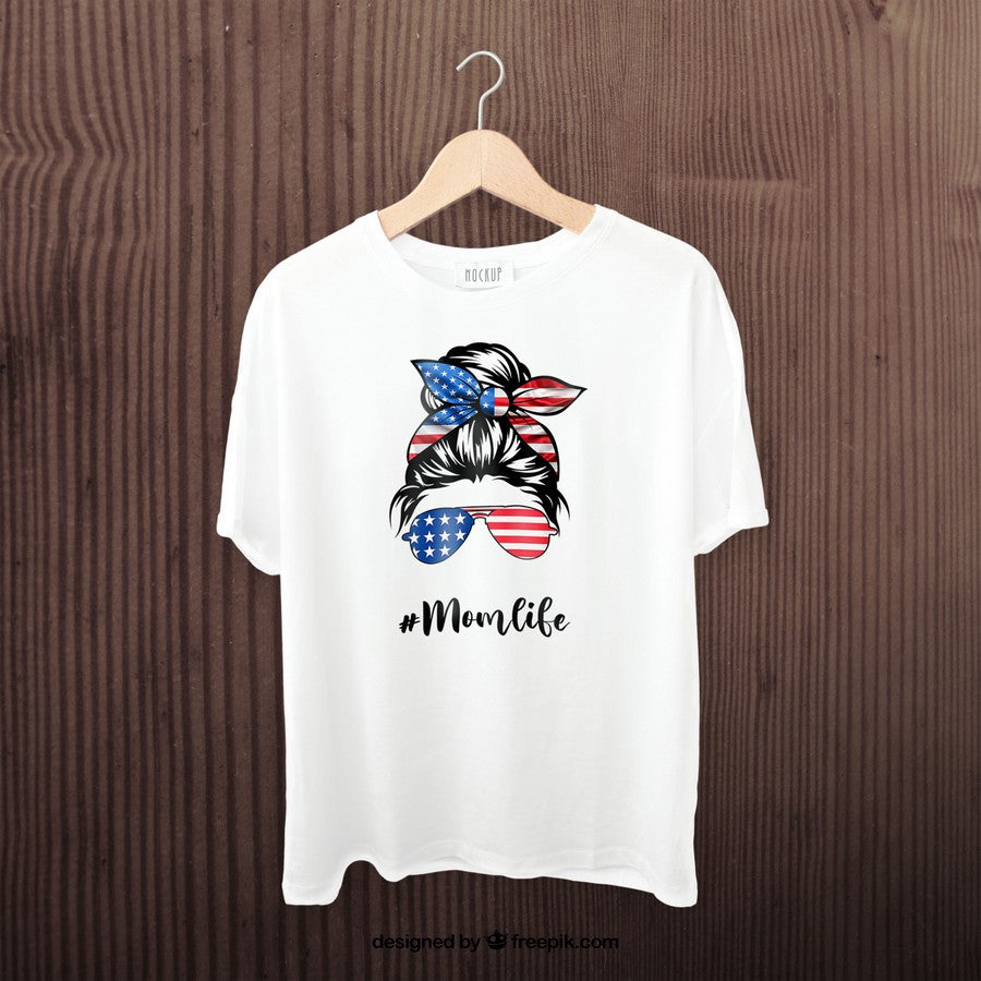 Mom Life Messy Bun America Flag Mothers Day Gift 4Th Of July T-Shirt