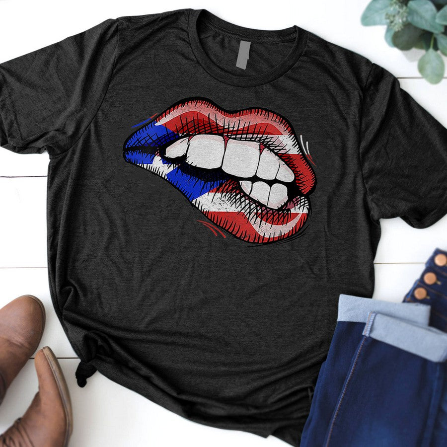 Womens Sexy Biting Lips Puerto Rico Flag V-Neck T-Shirt