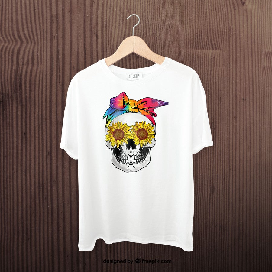 Womens Sunflower Skull Tie-Dye Bandana Emo Hippie Sugarskull Lovers V-Neck T-Shirt
